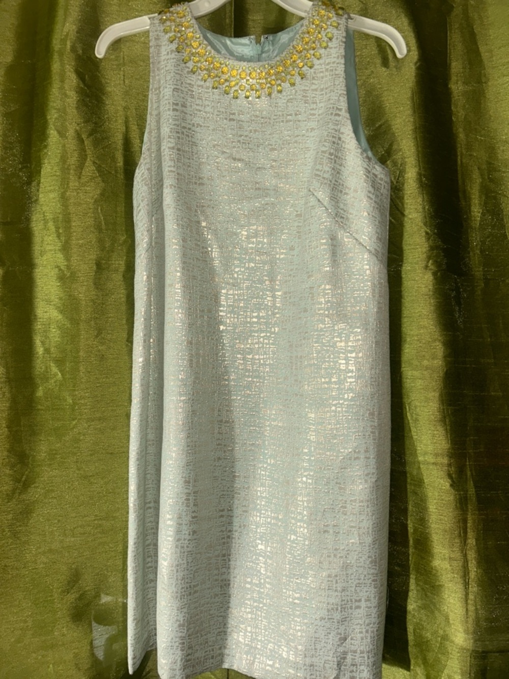 Maggy London Pale Blue Shift Dress with Gold Beaded Neckline - Picture 6 of 7